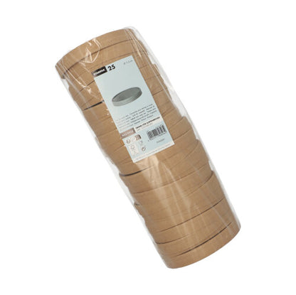 Un imballaggio trasparente con 25 coperchi di carta rotondi e marroni Starpak per bicchieri da zuppa è impilato strettamente. L'imballaggio dispone di un'etichetta bianca - perfettamente adatto al bicchiere da zuppa Starpak per un servizio comodo.