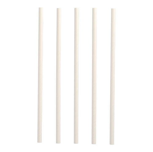 Cinque cannucce Shake di carta PAPSTAR (Ø 8 mm, 25 cm) della PAPSTAR GmbH sono disposte verticalmente su sfondo bianco, offrendo un'alternativa sostenibile alle cannucce tradizionali.