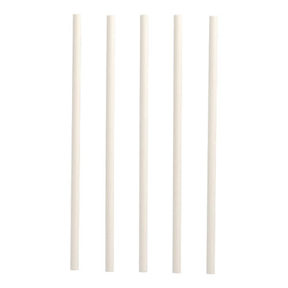 Cinque cannucce Shake di carta PAPSTAR (Ø 8 mm, 25 cm) della PAPSTAR GmbH sono disposte verticalmente su sfondo bianco, offrendo un'alternativa sostenibile alle cannucce tradizionali.