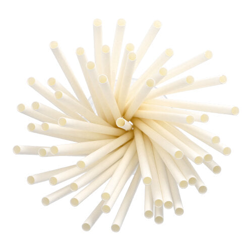 Un gruppo di cannucce Shake di carta PAPSTAR Ø 8 mm, 25 cm (135 pezzi) della PAPSTAR GmbH è disposto in un motivo circolare a raggiera e visto dall'alto su sfondo bianco.