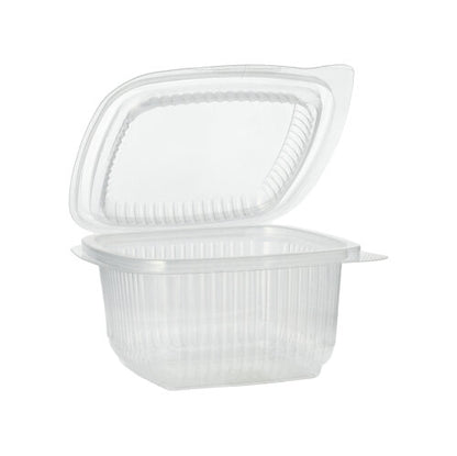 Der Starpak 100 Verpackungsbecher mit Klappdeckeln, PP rechteckig, transparent ist offen und leer vor einem schlichten weißen Hintergrund abgebildet.