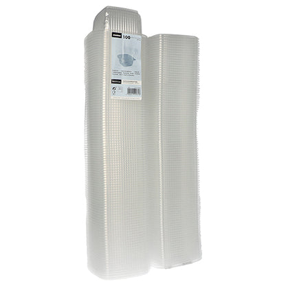 Zwei Stapel Starpak 100 Verpackungsbecher mit Klappdeckeln, PP rechteckig, transparent sind nebeneinander abgebildet. Jeder hat eine gitterartige Struktur, und an einem Stapel ist oben ein Produktetikett angebracht. Marke: Starpak.