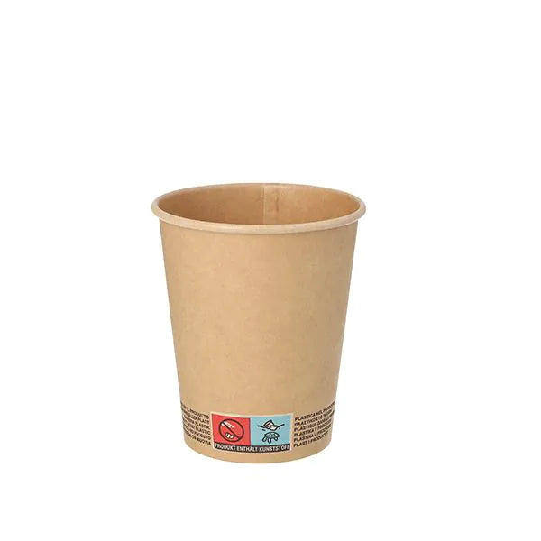 Un PAPSTAR GmbH 50 bicchieri di carta, 0,2 l con un avviso vicino al fondo è raffigurato su uno sfondo bianco.