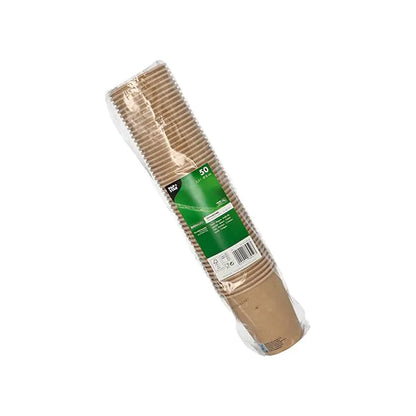 Una confezione di plastica trasparente con 50 bicchieri di carta da 0,2 l della PAPSTAR GmbH, con un'etichetta verde con informazioni sul prodotto, è su uno sfondo bianco semplice.