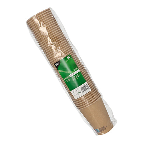 Una confezione di 50 bicchieri di carta da 0,3 l della PAPSTAR GmbH, realizzati in cartone resistente, avvolti in pellicola trasparente e dotati di un'etichetta frontale verde con informazioni sul prodotto.