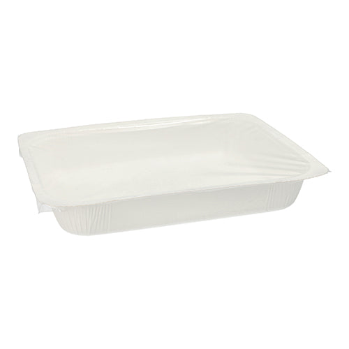 Le ciotole sigillanti Starpak 180 sono contenitori rettangolari bianchi in carta da 1200 ml (4,2 x 18,9 x 24,8 cm) con coperchio trasparente sicuro, perfetti per soluzioni di imballaggio innovative; raffigurati vuoti su sfondo bianco.