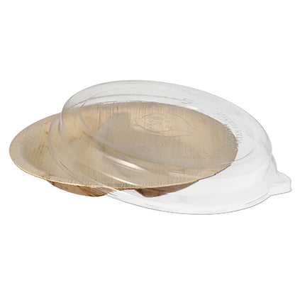 Il Kombipack Starpak contiene 10 piatti di foglia di palma, 2-scomparti, 300 ml, Ø 23 cm · 5,3 cm con coperchio rPET trasparente – pratico e sostenibile per la presentazione o confezionamento di alimenti.