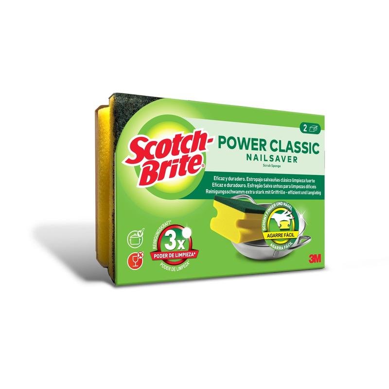 Una confezione di spugne con manico Scotch-Brite® Classic (2 pezzi), di 3M Deutschland GmbH, con spugne gialle e superficie abrasiva verde. Con prestazioni di pulizia e design maneggevole, logo 3M sulla confezione.