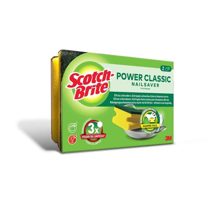 Una confezione di spugne con manico Scotch-Brite® Classic (2 pezzi), di 3M Deutschland GmbH, con spugne gialle e superficie abrasiva verde. Con prestazioni di pulizia e design maneggevole, logo 3M sulla confezione.