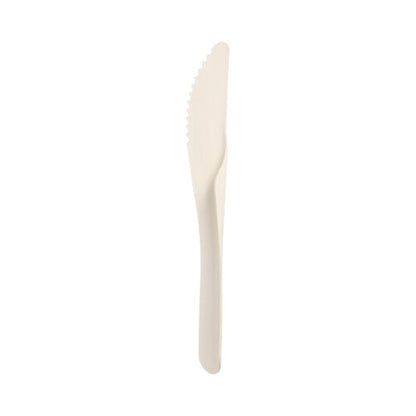 Un singolo coltello bianco PAPSTAR "pure" 18,6 cm della PAPSTAR GmbH, ideale per feste ed eventi, è in piedi su uno sfondo bianco semplice.