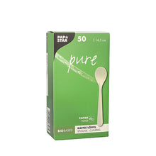 Eine weiße Schachtel mit der Aufschrift „PAPSTAR pure“ enthält 50 nachhaltige Kaffeelöffel aus Papier mit einer Länge von jeweils 14,5 cm. Die Faltschachtel der PAPSTAR GmbH bietet eine umweltfreundliche Alternative für Ihren Kaffeegenuss.