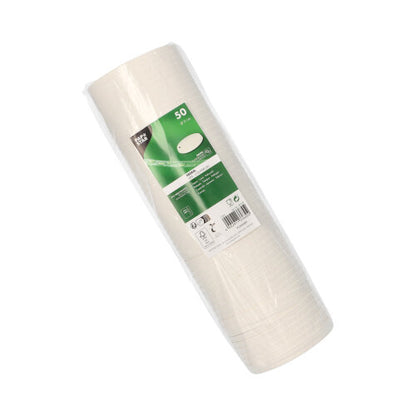 Una confezione di 50 coperchi di carta bianchi PAPSTAR GmbH (Ø 9 cm) per bicchieri da bevanda, confezionati in plastica trasparente con un'etichetta verde-bianca con informazioni sul prodotto, codice a barre e informazioni di compatibilità.