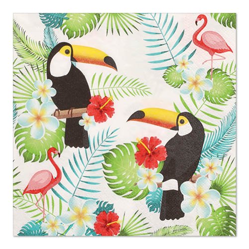 I 20 tovaglioli PAPSTAR GmbH, 33 x 33 cm, 3 strati (1/4-piega, Design Set 1), mostrano tucani, fenicotteri, foglie tropicali e fiori colorati come ibisco e plumeria su fondo bianco.