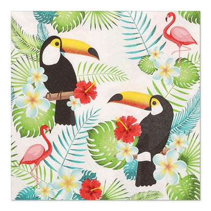 I 20 tovaglioli PAPSTAR GmbH, 33 x 33 cm, 3 strati (1/4-piega, Design Set 1), mostrano tucani, fenicotteri, foglie tropicali e fiori colorati come ibisco e plumeria su fondo bianco.