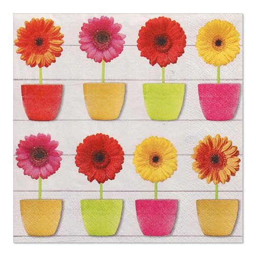 Otto fiori colorati in vasi abbinati adornano questi PAPSTAR 20 tovaglioli (33 cm x 33 cm, 3 strati, 1/4-piegato, Design Set 4) di PAPSTAR GmbH - perfetti per abbellire la vostra tavola con tovaglioli di alta qualità.