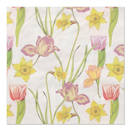I 20 tovaglioli PAPSTAR GmbH, 33x33 cm, 3 strati, 1/4-piega (Design Set 1) presentano un motivo floreale ripetitivo con narcisi gialli e tulipani rosa con steli e foglie verdi.