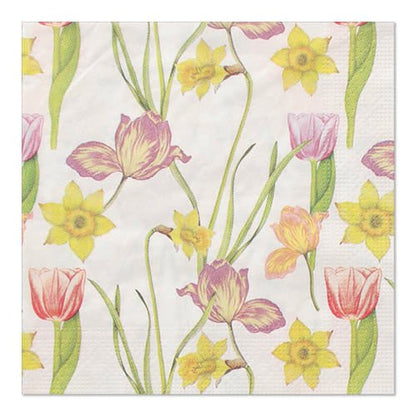 I 20 tovaglioli PAPSTAR GmbH, 33x33 cm, 3 strati, 1/4-piega (Design Set 1) presentano un motivo floreale ripetitivo con narcisi gialli e tulipani rosa con steli e foglie verdi.