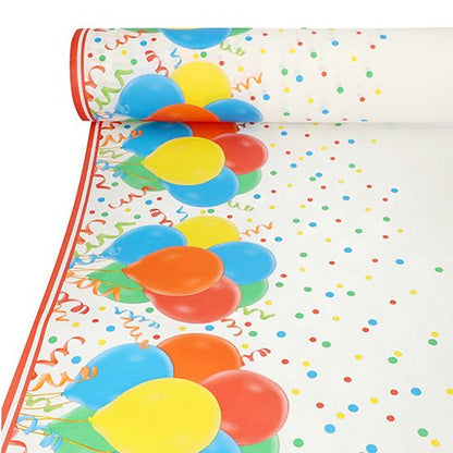 La tovaglia Starpak, simile al tessuto, tessuto non tessuto "soft selection plus" mostra palloncini colorati, punti di coriandoli e stelle filanti ai bordi su uno sfondo bianco con bordo rosso.