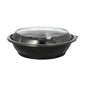 Un contenitore per alimenti Starpak 25 ciotole per insalata rotondo nero (PET, 1000 ml, Ø 21,8 cm, 6 cm) con un coperchio trasparente a cupola "Snap It" R-PET (25 pezzi) è raffigurato su uno sfondo bianco semplice.