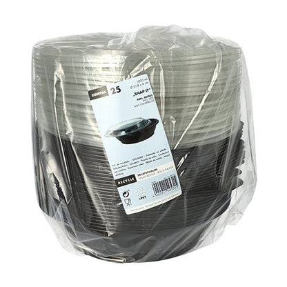 Una confezione trasparente con 25 ciotole per insalata Starpak (1000 ml, Ø 21,8 cm, 6 cm, nero) con coperchio "Snap It" in R-PET cristallino, avvolta in plastica e dotata di un'etichetta bianca con informazioni su marca, quantità e riciclaggio.