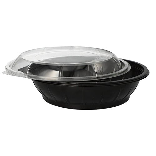 Su sfondo bianco è raffigurato un contenitore per alimenti Starpak 25 ciotole per insalata PET, 1000 ml, Ø 21,8 cm, 6 cm di altezza in nero con un coperchio trasparente "Snap It" R-PET (25 pezzi).