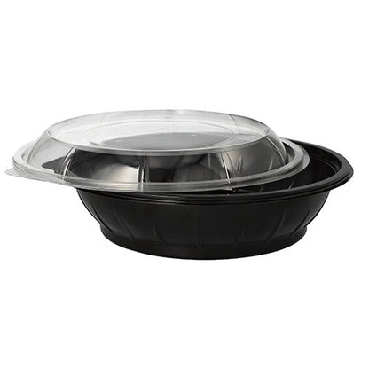 Su sfondo bianco è raffigurato un contenitore per alimenti Starpak 25 ciotole per insalata PET, 1000 ml, Ø 21,8 cm, 6 cm di altezza in nero con un coperchio trasparente "Snap It" R-PET (25 pezzi).