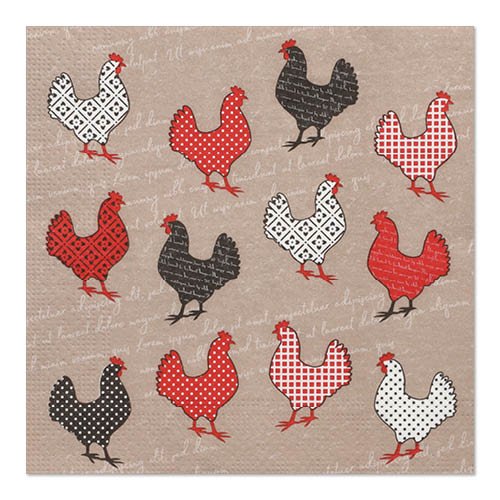I 20 tovaglioli PAPSTAR della PAPSTAR GmbH (33 x 33 cm, 3 veli, design set 5) mostrano un motivo geometrico e punteggiato di galline in nero, bianco e rosso su sfondo marrone chiaro con scritte deboli.