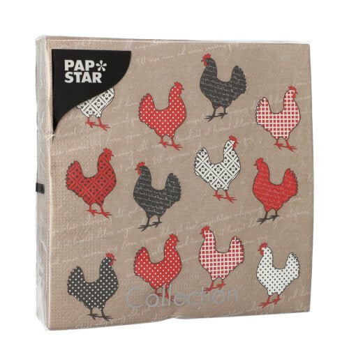 PAPSTAR GmbH 20 tovaglioli, 33x33cm, 3 veli, design set 5: tovaglioli con galline rosse, nere e bianche in motivi geometrici su sfondo marrone.