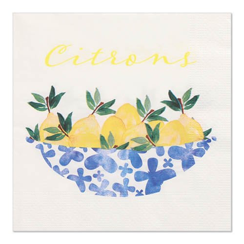 Un tovagliolo decorativo con limoni gialli e foglie verdi in una ciotola blu-bianca, sopra "Citrons" in scrittura gialla su sfondo bianco. PAPSTAR 20 tovaglioli, 33x33cm, 3 veli, set 5 di PAPSTAR GmbH - perfetto per la tua tavola apparecchiata.