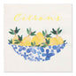 Un tovagliolo decorativo con limoni gialli e foglie verdi in una ciotola blu-bianca, sopra "Citrons" in scrittura gialla su sfondo bianco. PAPSTAR 20 tovaglioli, 33x33cm, 3 veli, set 5 di PAPSTAR GmbH - perfetto per la tua tavola apparecchiata.