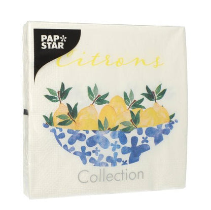 Un pacchetto di PAPSTAR GmbH 20 tovaglioli (33 x 33 cm, 3 veli, 1/4 piega, design set 5), che mostrano limoni con foglie verdi in una ciotola blu-bianca a motivi. Sulla confezione è scritto "Zitronen" e "Kollektion".