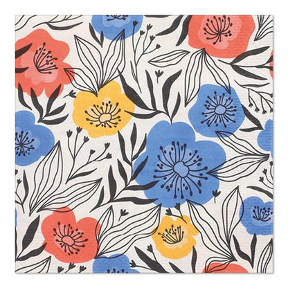 I tovaglioli PAPSTAR 20 tovaglioli di PAPSTAR GmbH sono grandi 33x33 cm, realizzati in carta a 3 strati e mostrano uno sfondo bianco con fiori rossi, gialli e blu contornati di nero e foglie in bianco e nero.