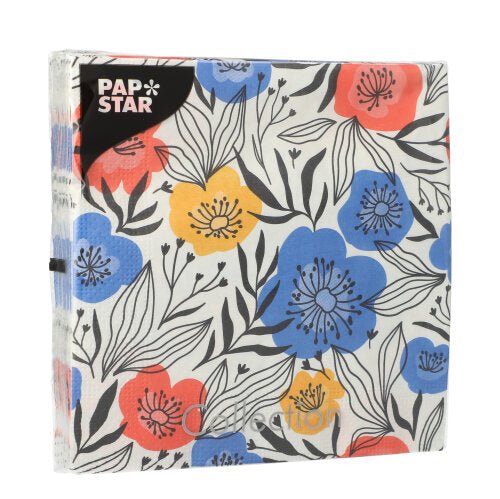 PAPSTAR 20 tovaglioli, 3 strati, 33x33 cm, Design Set 4: stampa floreale con fiori blu, gialli e rossi e foglie nere su sfondo bianco di PAPSTAR GmbH.