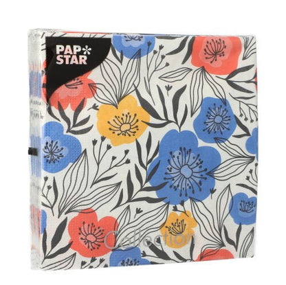 PAPSTAR 20 tovaglioli, 3 strati, 33x33 cm, Design Set 4: stampa floreale con fiori blu, gialli e rossi e foglie nere su sfondo bianco di PAPSTAR GmbH.