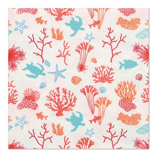 Scena subacquea colorata con coralli, stelle marine, tartarughe, conchiglie e pesci in un motivo ripetitivo su PAPSTAR 20 tovaglioli, 33x33 cm, 3 strati, 1/4-piega dal PAPSTAR GmbH Design Set 1.