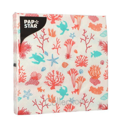 PAPSTAR 20 tovaglioli, 33 x 33 cm, 3 strati, con design marino colorato (coralli rossi, tartarughe marine blu, stelle marine e conchiglie) - ideale per decorazioni da tavola marittime.