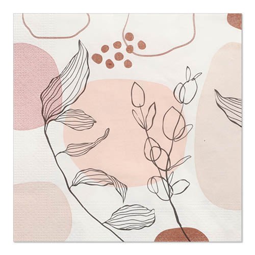 I PAPSTAR 20 tovaglioli, 33 x 33 cm, 3 veli, set 5 della PAPSTAR GmbH mostrano forme astratte in rosa e beige con motivi di foglie nere, offerti in una pratica confezione da 20.