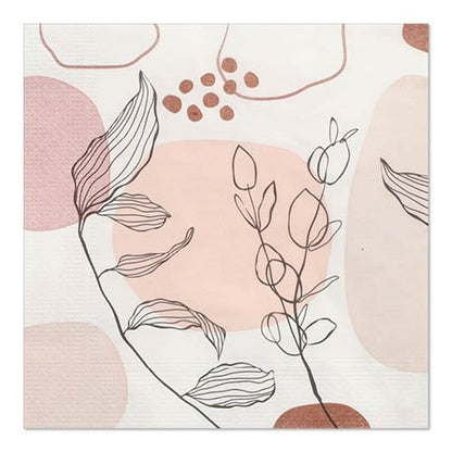 I PAPSTAR 20 tovaglioli, 33 x 33 cm, 3 veli, set 5 della PAPSTAR GmbH mostrano forme astratte in rosa e beige con motivi di foglie nere, offerti in una pratica confezione da 20.