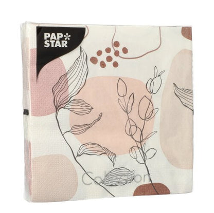 PAPSTAR GmbH 20 tovaglioli, 33x33cm, 3 veli, nel design astratto set 5 con forme beige-rosa e disegni di linee di foglie e bacche nere. I tovaglioli sono confezionati in plastica trasparente.