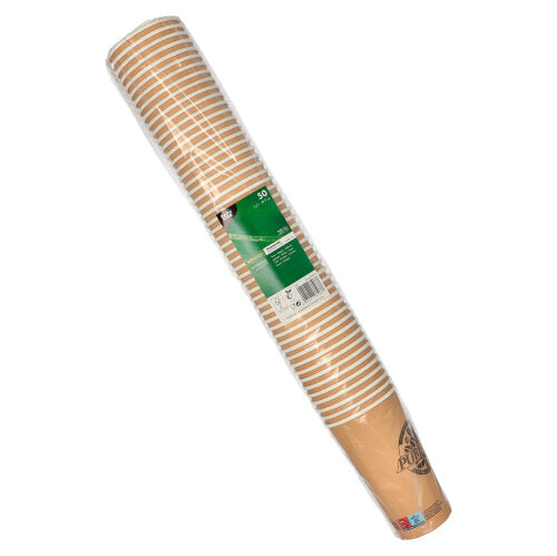 Una pila di 50 PAPSTAR bicchieri di carta da 0,5 l della PAPSTAR GmbH, confezionata in pellicola trasparente con un'etichetta verde-bianca con informazioni sul prodotto.