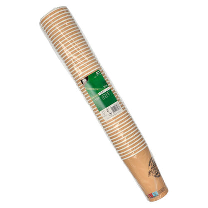 Una pila di 50 PAPSTAR bicchieri di carta da 0,5 l della PAPSTAR GmbH, confezionata in pellicola trasparente con un'etichetta verde-bianca con informazioni sul prodotto.