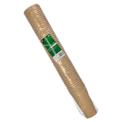 Una confezione sigillata in plastica con 50 bicchieri di carta marroni (ciascuno 0,5 l) della PAPSTAR GmbH, con etichetta verde-bianca e dettagli del prodotto.