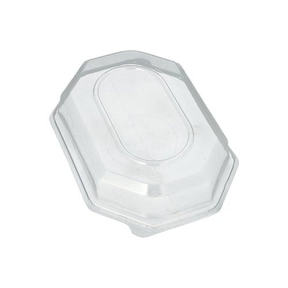 Il coperchio Starpak 10 per piatti da portata è un coperchio PET trasparente ottagonale con un centro ovale rialzato, progettato per la conservazione ottimale della freschezza degli alimenti ed è raffigurato su sfondo bianco.