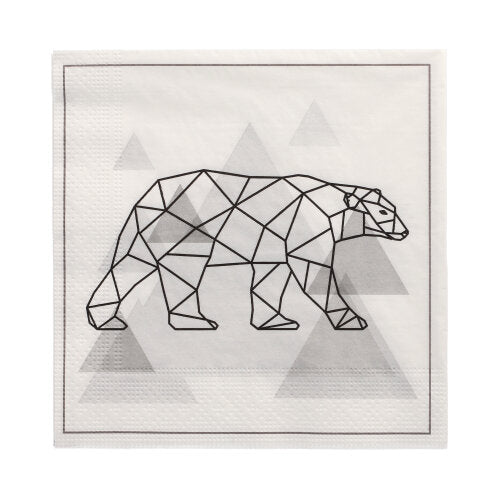 I 20 tovaglioli PAPSTAR della PAPSTAR GmbH sono tovaglioli a 3 strati (33 x 33 cm, 1/4-piega) con un motivo geometrico di orso polare nero e triangoli grigi su bianco, accentuato da un sottile bordo nero.