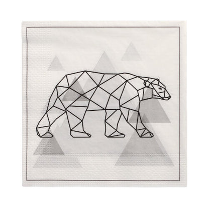 I 20 tovaglioli PAPSTAR della PAPSTAR GmbH sono tovaglioli a 3 strati (33 x 33 cm, 1/4-piega) con un motivo geometrico di orso polare nero e triangoli grigi su bianco, accentuato da un sottile bordo nero.