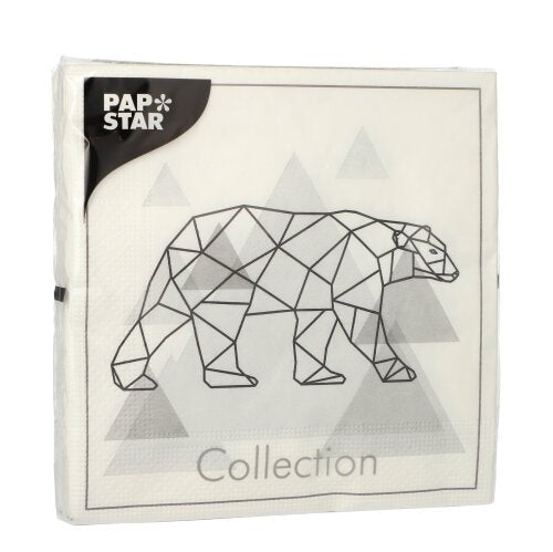 I 20 tovaglioli della PAPSTAR GmbH, 33x33 cm, 3 strati, presentano un motivo geometrico di orso polare con "Collection", logo PAP STAR in alto a sinistra e triangoli discreti sullo sfondo.
