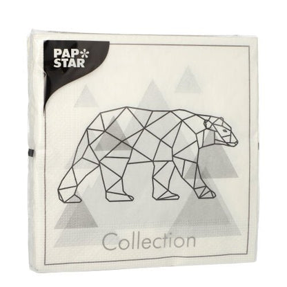I 20 tovaglioli della PAPSTAR GmbH, 33x33 cm, 3 strati, presentano un motivo geometrico di orso polare con "Collection", logo PAP STAR in alto a sinistra e triangoli discreti sullo sfondo.