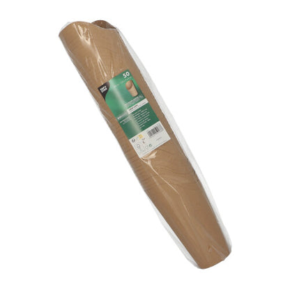 Un rotolo di 50 PAPSTAR Wrap Cups, cartone marrone della PAPSTAR GmbH, ideale per Wrap Cups ecologici a feste e eventi, parzialmente avvolto in pellicola trasparente con un'etichetta informativa verde-bianca sul davanti.