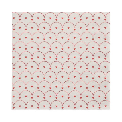I tovaglioli a 3 strati di PAPSTAR GmbH (confezione da 20, 33x33 cm) mostrano un design di linee ondulate punteggiate di rosso con piccoli cuori rossi in ogni forma ondulata.