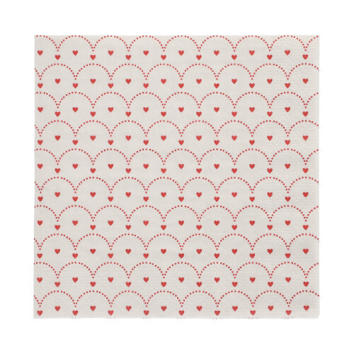 Die 3-lagigen Servietten der PAPSTAR GmbH (20er-Pack, 33x33 cm) zeigen ein Design aus rot gepunkteten Wellenlinien mit kleinen roten Herzen in jeder Wellenform.